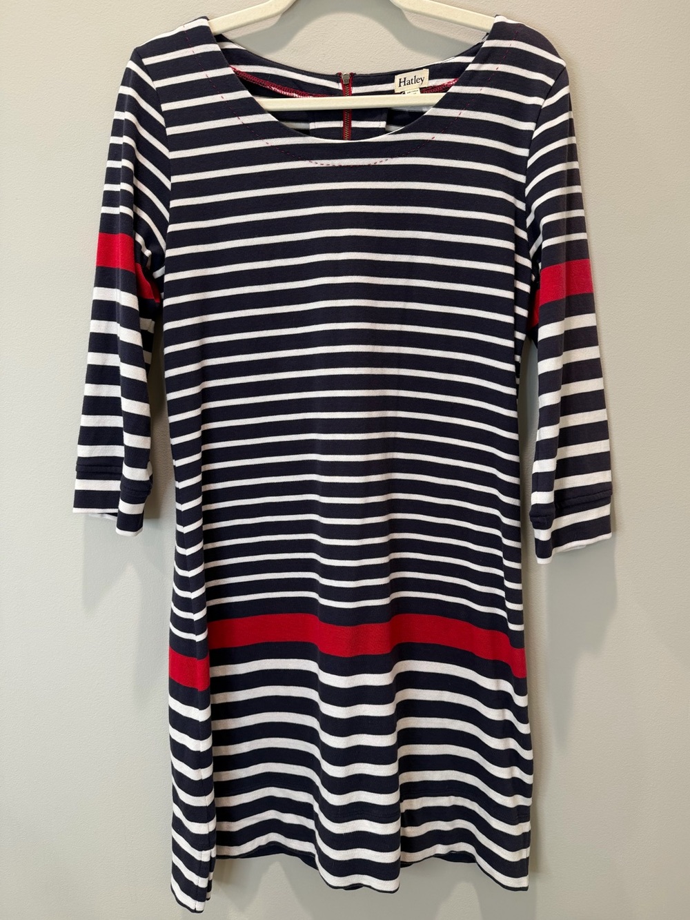 Hatley Navy Blue Red & White Striped 3/4 Sleeve Dress M Nautical Preppy